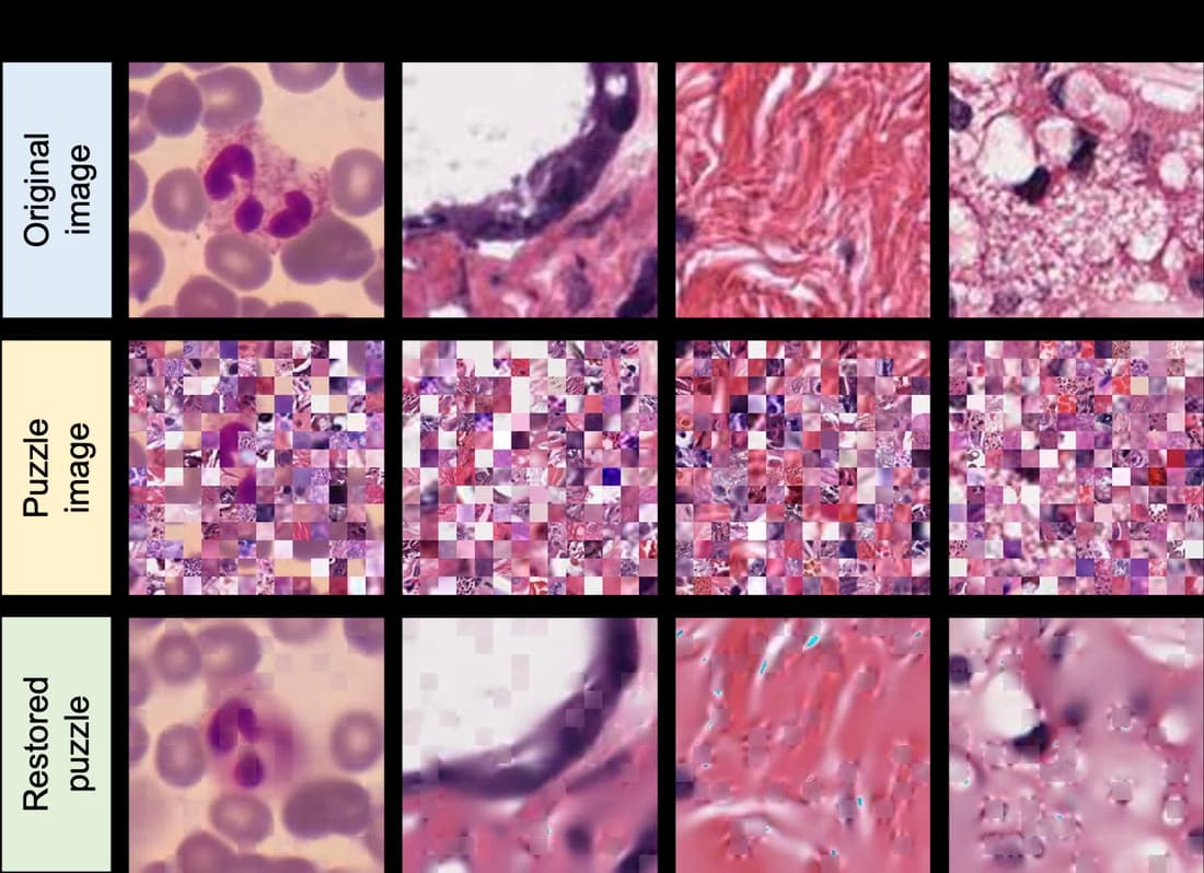 Original → puzzle → restored pathology samples.